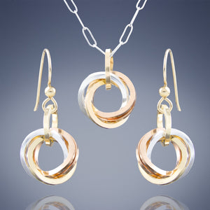 Tri Color Classic Love Knot Jewelry Gift Set - Includes Both Earrings and Pendant Necklace