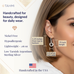 Size chart: 1.25 inches total length, 3/4 inch drop, 1/2 inch wide, 0.06 oz, nickel-free Argentium Sterling Silver