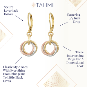 Tri-color love knot earrings with secure leverback hooks, a 3/4 inch drop, and three interlocking rings