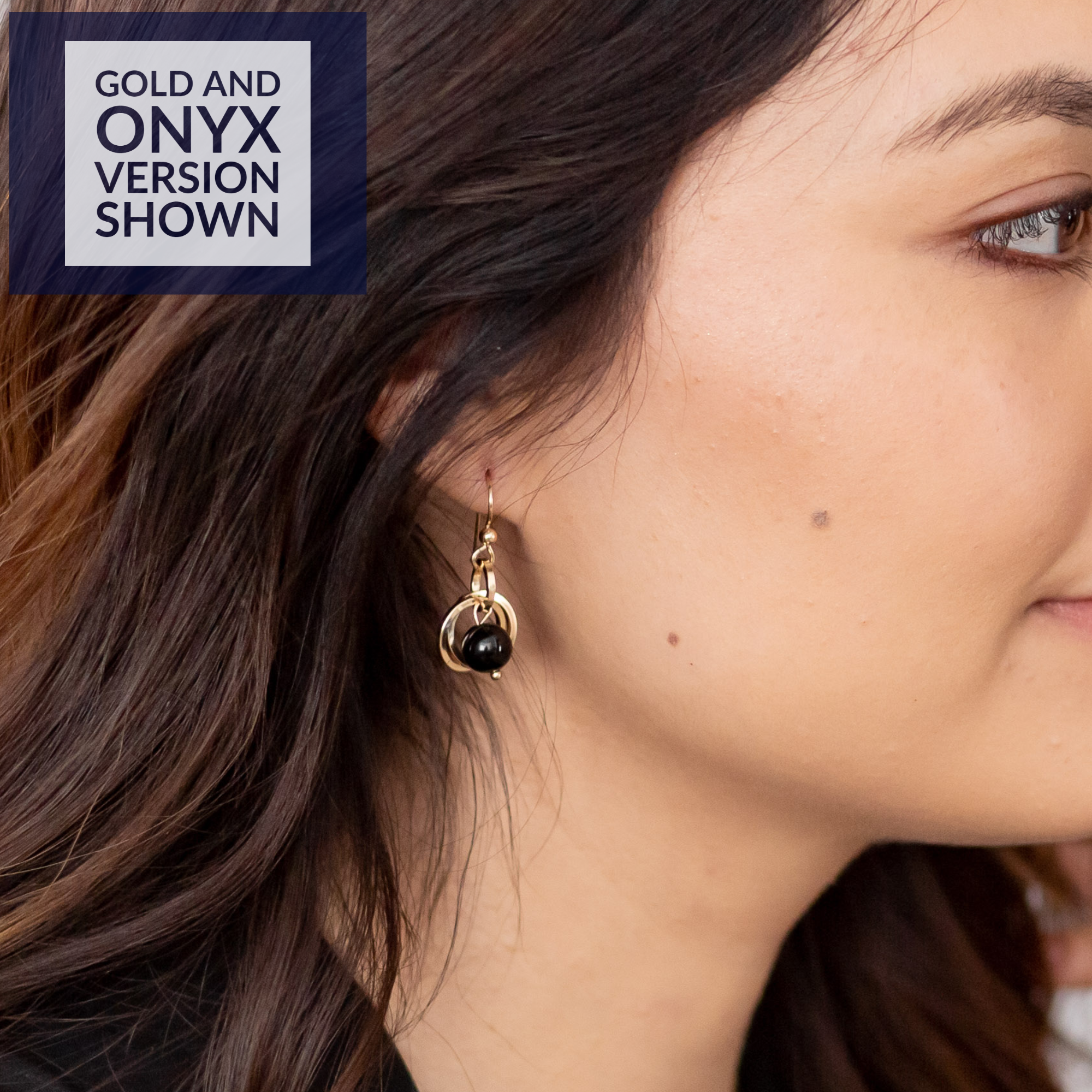 Handcrafted Black Onyx Genuine Gemstone Dangle Earrings in 14K Yellow Gold Fill