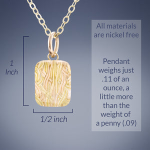 Small Sparkly Rectangle Shaped Pendant Necklace with Handwoven Metal Fabric and Glass in 14K Yellow and Rose Gold Fill