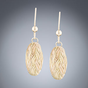 Sparkly Oval Cat Eye Shaped Earrings with Handwoven Metal Fabric and Glass in 14K Yellow and Rose Gold Fill
