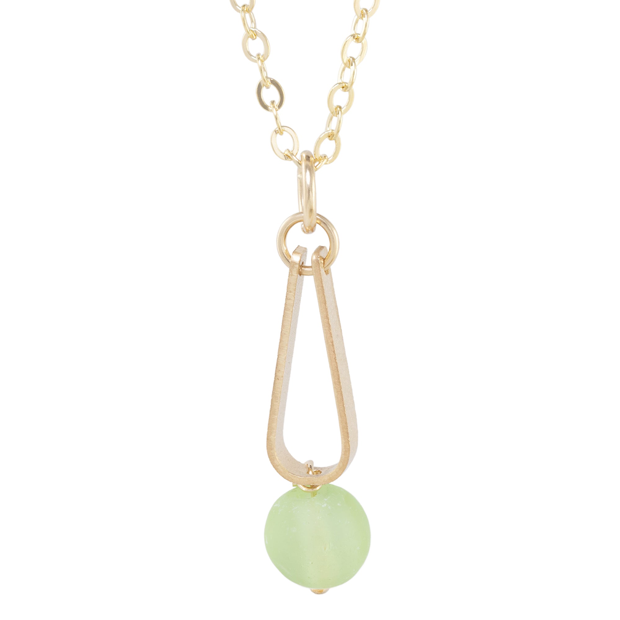 Light Pastel Sage Green Round Recycled Glass Ball and 14K Gold Fill Teardrop Shaped Pendant Necklace