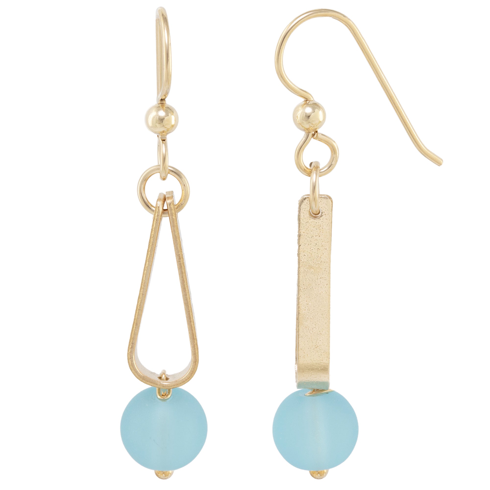 Light Baby Blue Round Recycled Glass Ball and 14K Gold Fill Teardrop Shaped Dangle Earrings