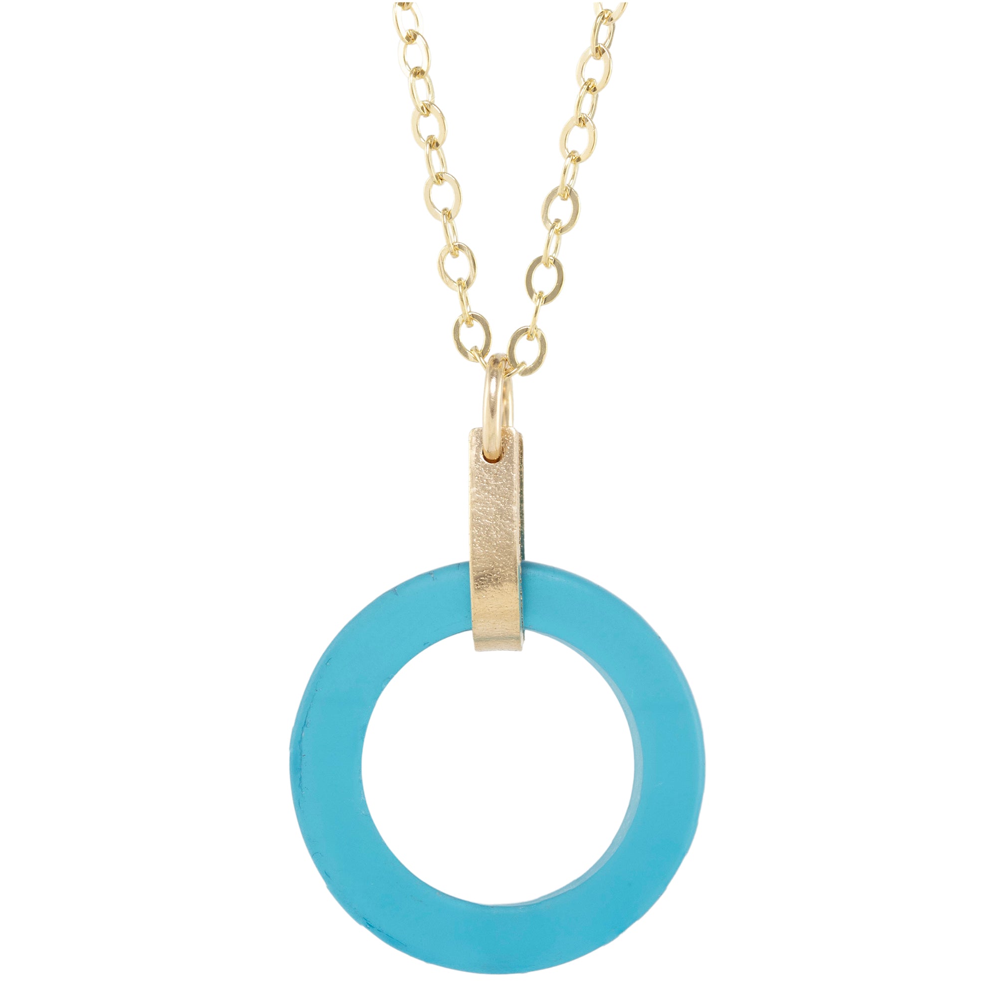 Teal Peacock Blue Round Recycled Glass Open Circle and 14K Gold Fill Strap Style Pendant Necklace