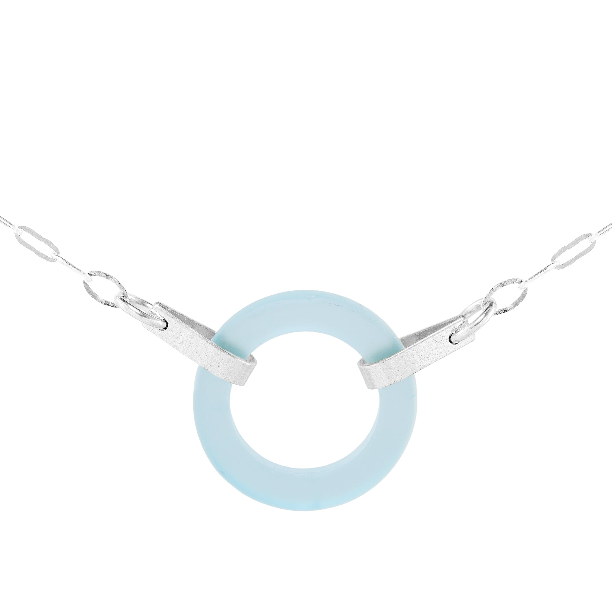 Light Baby Blue Recycled Glass Open Circle and Sterling Silver Strap Style Necklace