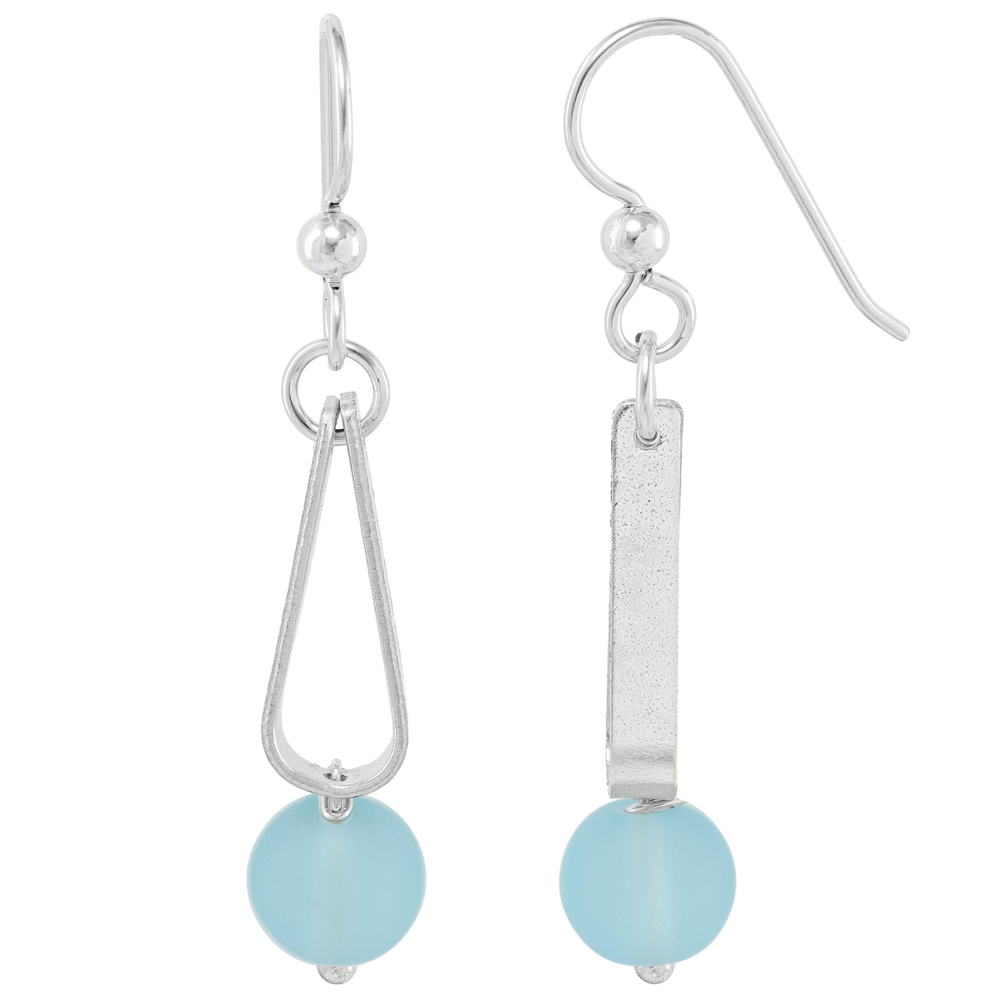 Light Baby Blue Round Recycled Glass Ball and Sterling Silver Teardrop Shaped Dangle Earrings