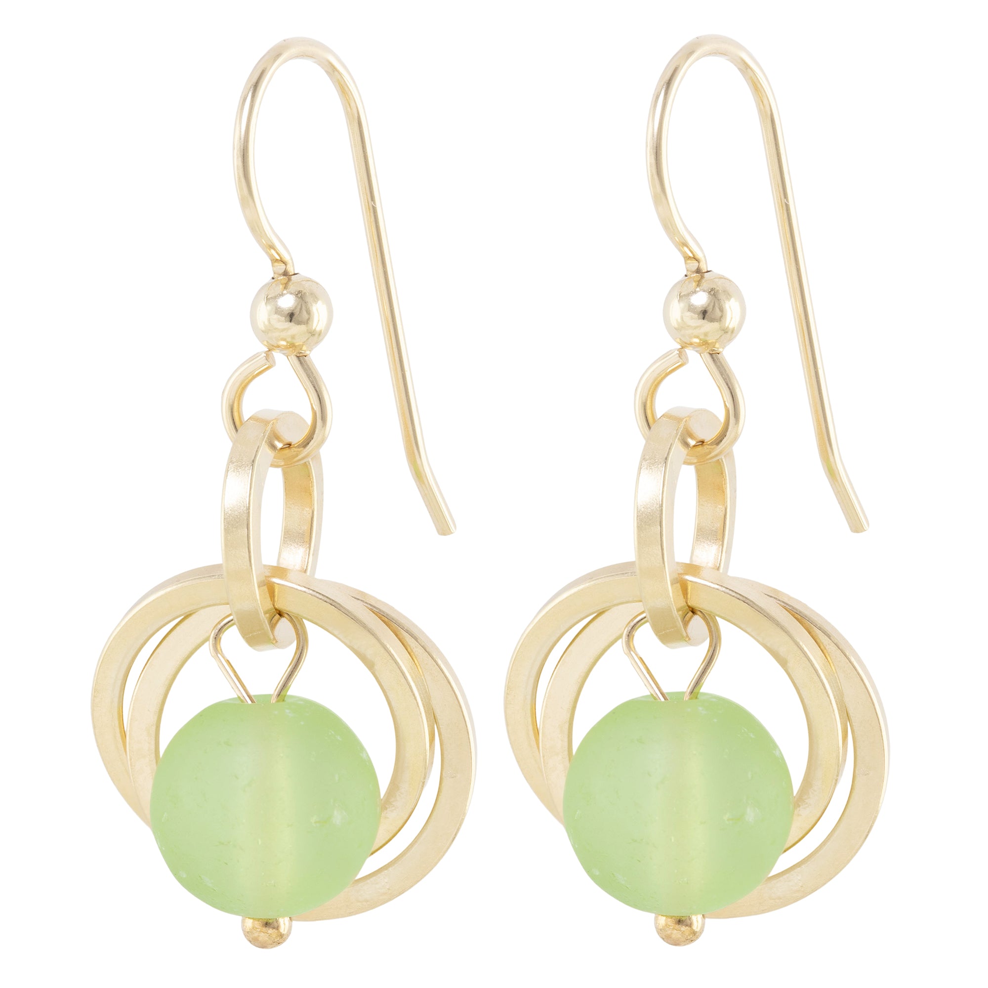 Light Pastel Sage Green Round Recycled Glass Ball Dangle Earrings in 14K Yellow Gold Fill