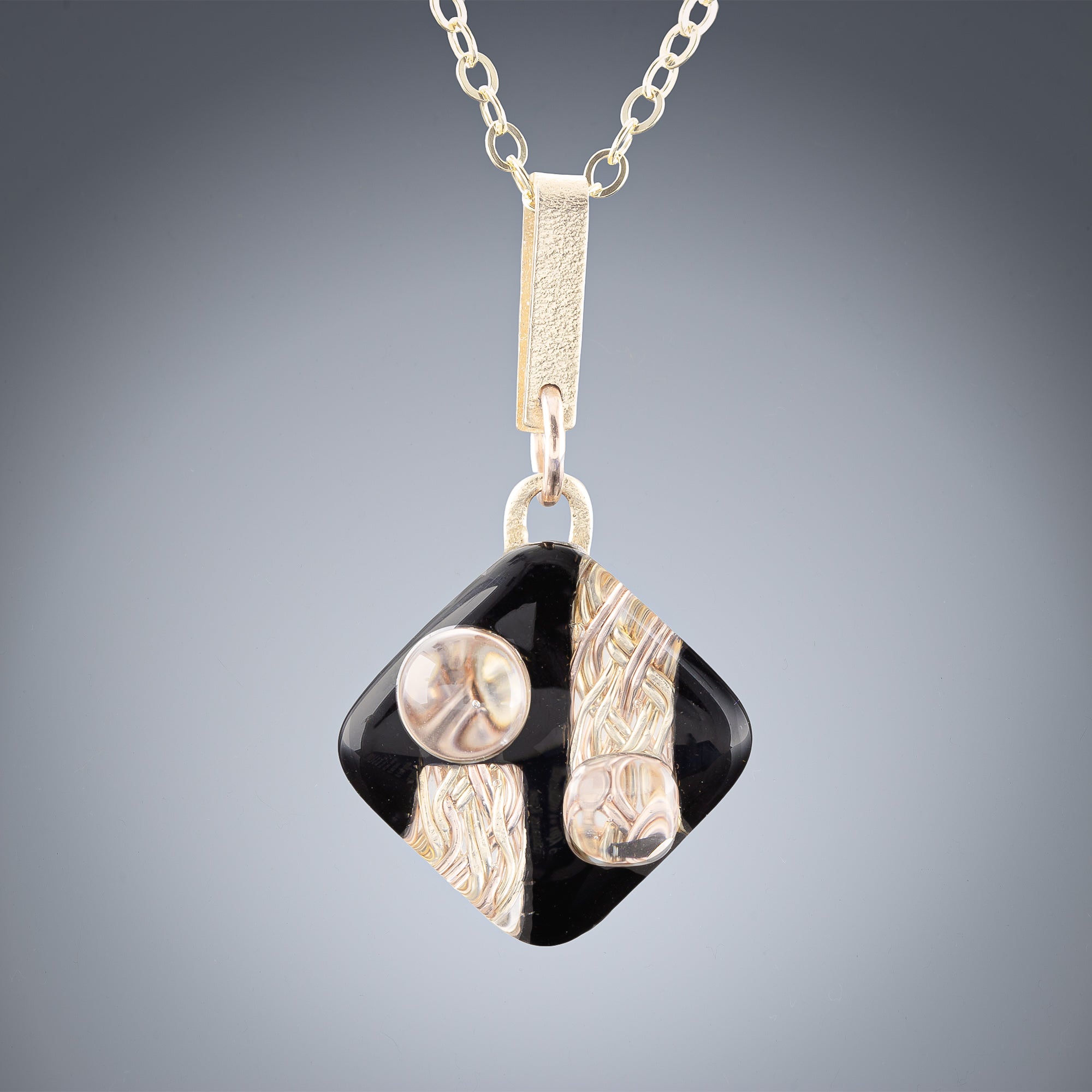 Medium Black and Gold Art Deco Inspired Pendant Necklace in both 14K Yellow and Rose Gold Fill