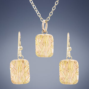 Sparkly Rectangle Shaped Pendant and Earring Set with Handwoven Metal Fabric and Glass in 14K Yellow and Rose Gold Fill