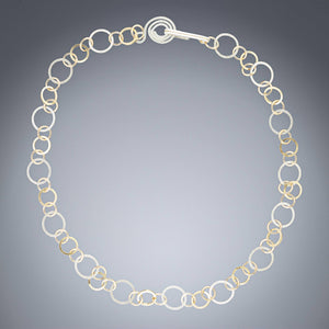Handcrafted Tri Color Open Link Chain Necklace in Sterling Silver and 14K Yellow and Rose Gold Fill