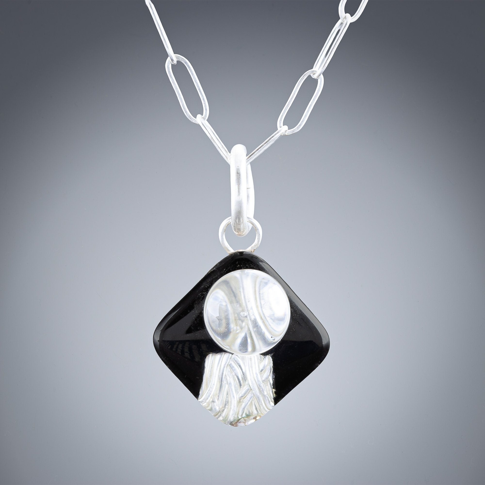 Small Black and Silver Art Deco Inspired Pendant Necklace in Sterling Silver