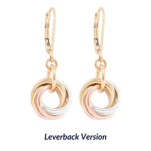 Tri Color Round Love Knot Dangle Earrings (Sterling Silver, 14K Yellow and Rose Gold Fill)