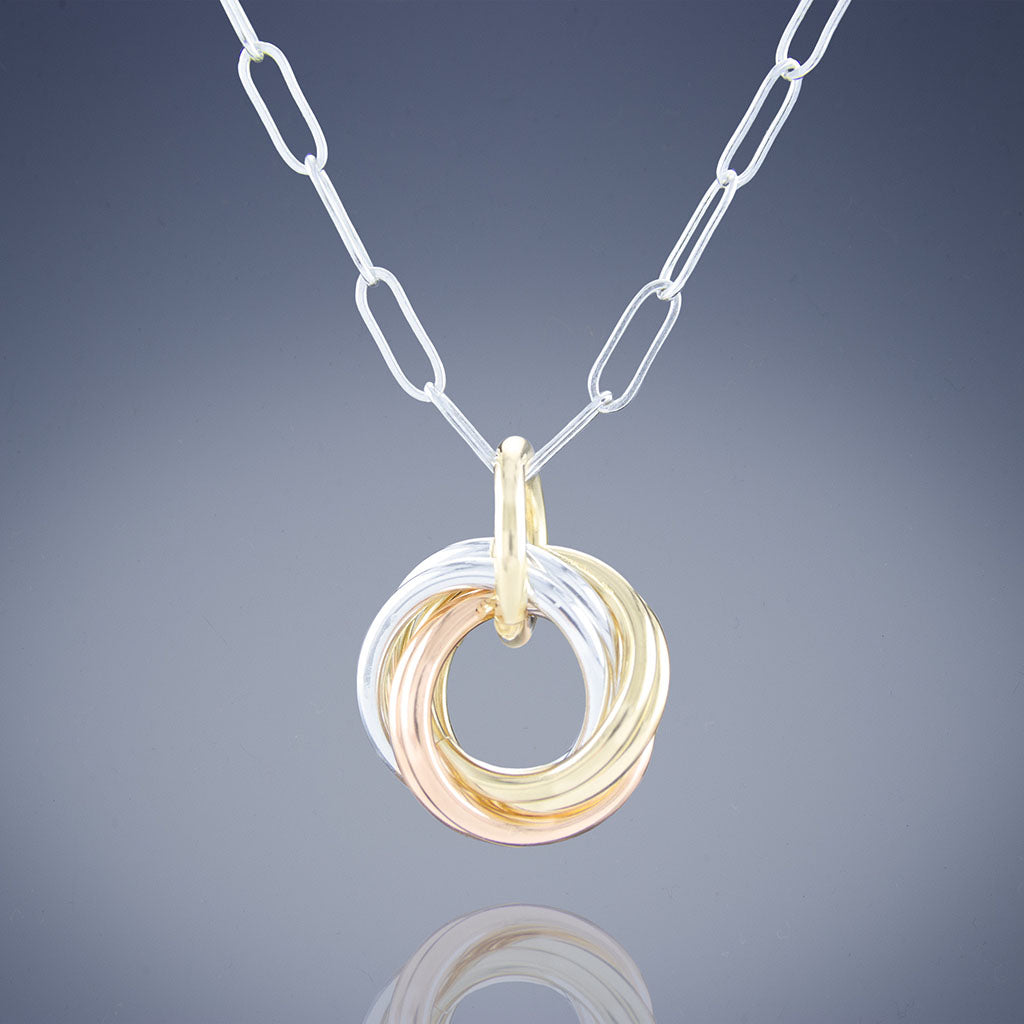 Tri-Color Love Knot Pendant Necklace in Sterling Silver & Yellow & Rose Gold Fill