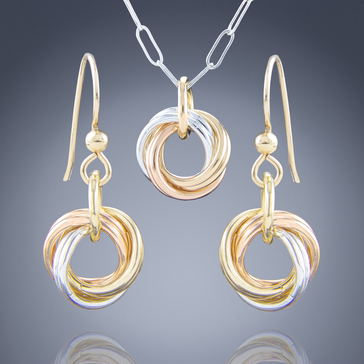 Tri Color Simple Jewelry Gift Set for Women with Dainty Love Knot Pendant Necklace and Earrings