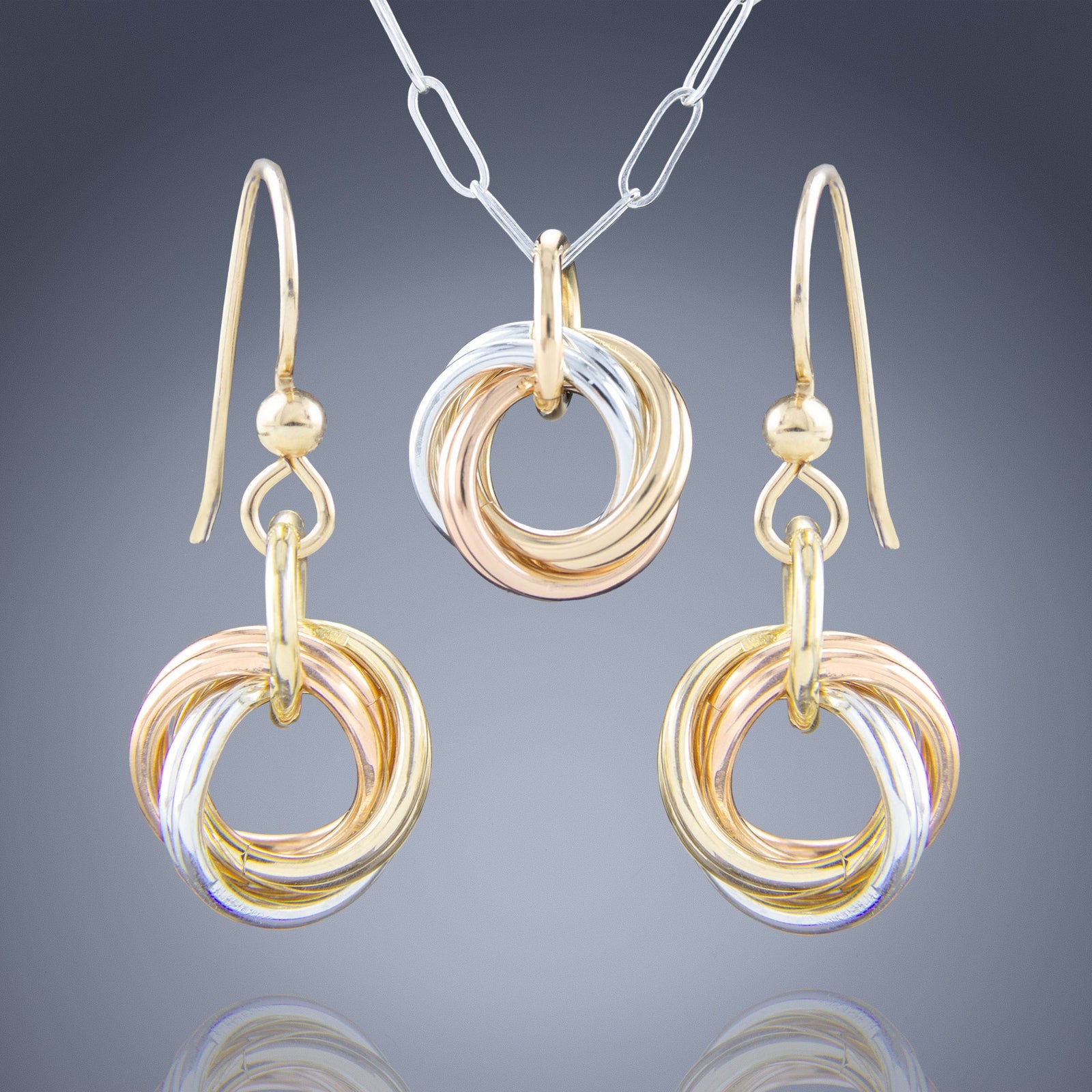 Tri Color Simple Jewelry Gift Set for Women with Dainty Love Knot Pendant Necklace and Earrings