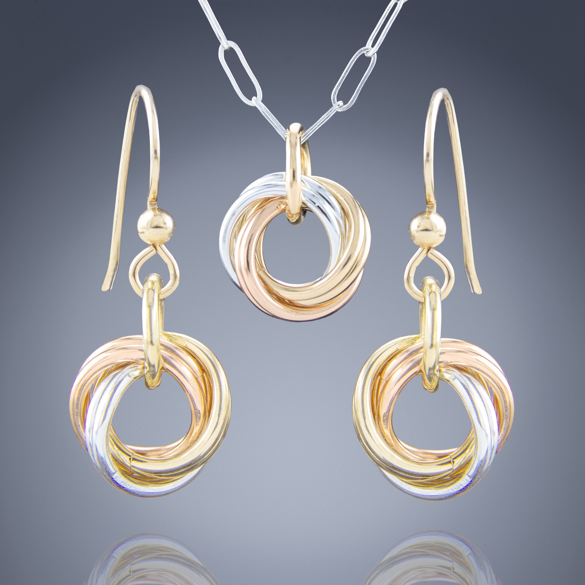 Tri Color Simple Jewelry Gift Set for Women with Dainty Love Knot Pendant Necklace and Earrings