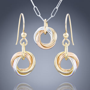 Tri Color Simple Jewelry Gift Set for Women with Dainty Love Knot Pendant Necklace and Earrings