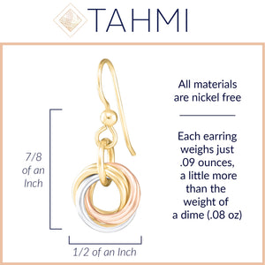 Tri Color Round Love Knot Dangle Earrings (Sterling Silver, 14K Yellow and Rose Gold Fill)