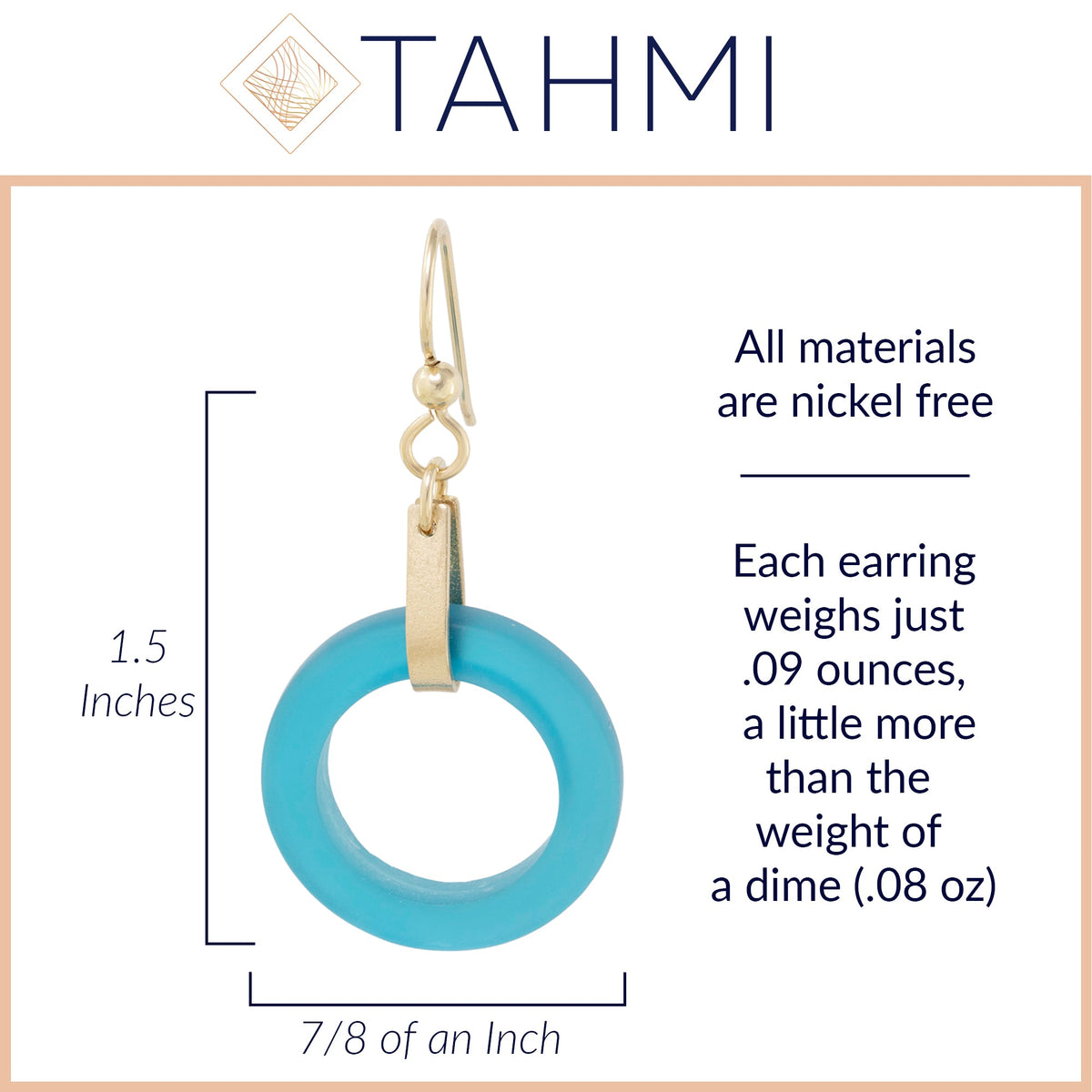 Teal Peacock Blue Round Recycled Glass Open Circle and 14K Gold Fill Strap Style Dangle Earrings