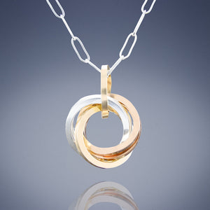 Tri Color Love Knot Pendant Necklace in Silver, Yellow and Rose Gold With Chain