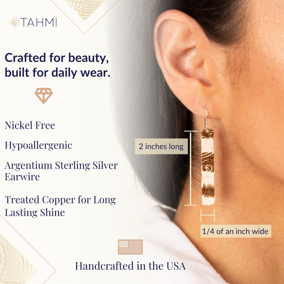 Handcrafted 2 Inch Long Bright Copper Textured Dangle Earrings