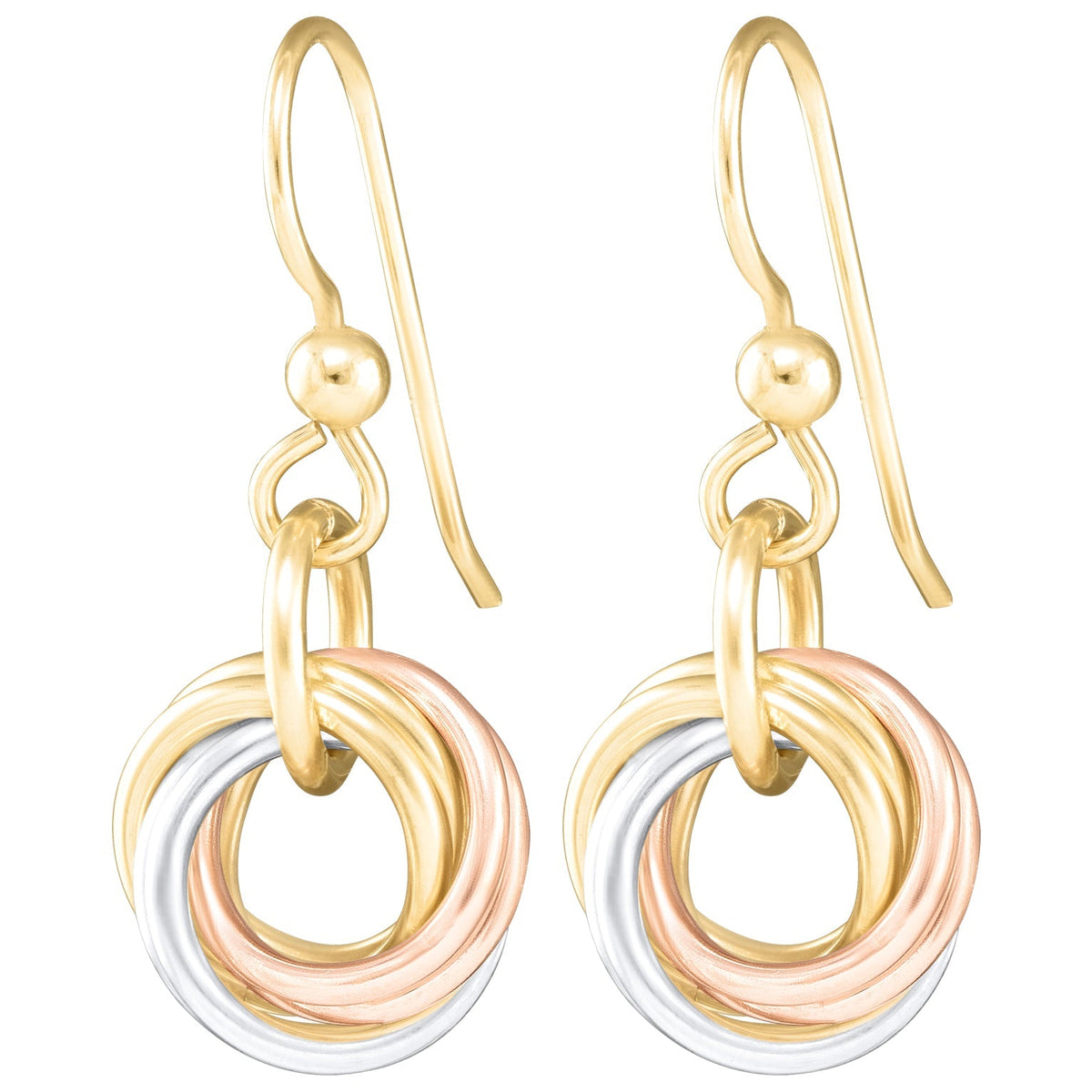 Tri-Color Love Knot Dangle Earrings in Argentium and 14K Rose & Yellow Gold Fill