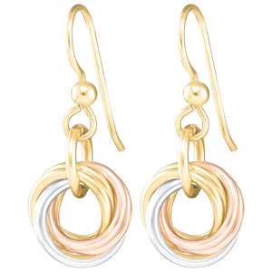 Tri-Color Love Knot Dangle Earrings in Argentium and 14K Rose & Yellow Gold Fill