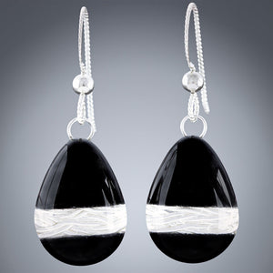 Handwoven Silver and Black Enamel Teardrop Dangle Earrings