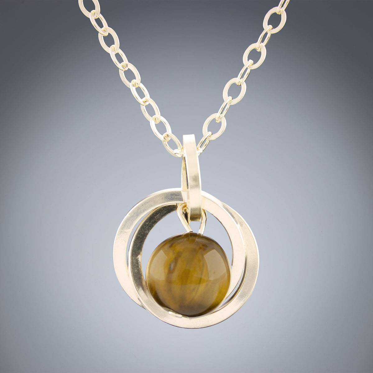 Genuine 8MM Tiger Eye Gemstone Pendant Necklace Handcrafted in 14K Yellow Gold Fill