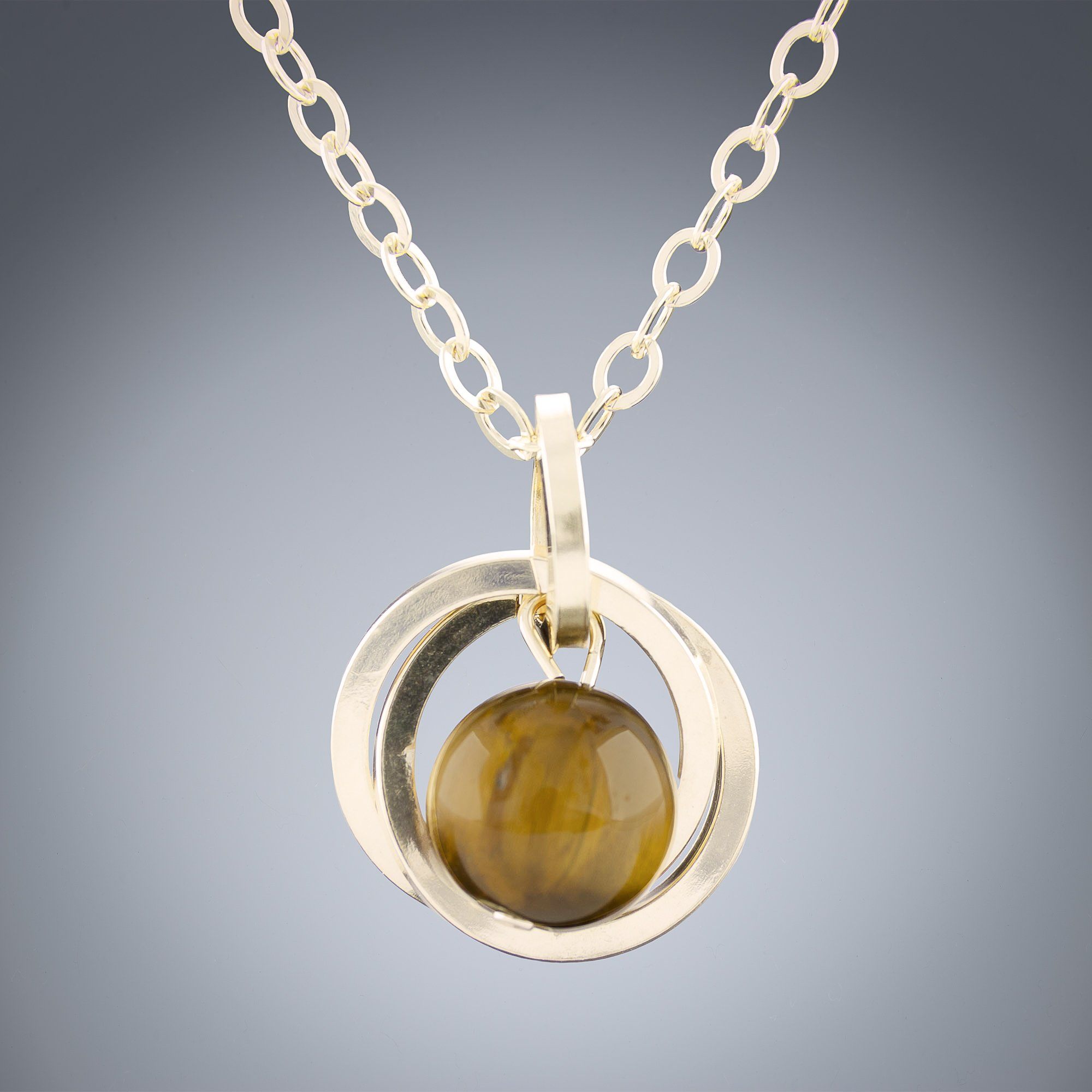 Genuine 8MM Tiger Eye Gemstone Pendant Necklace Handcrafted in 14K Yellow Gold Fill