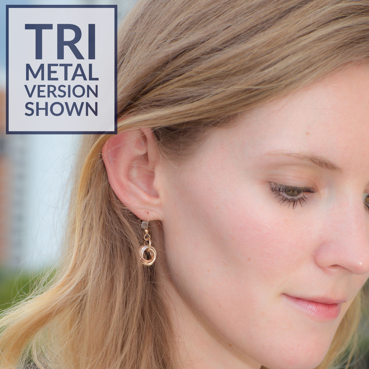 Tri-Color Love Knot Dangle Earrings in Argentium and 14K Rose & Yellow Gold Fill