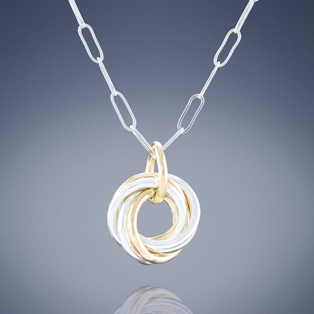 Two Tone Dainty Love Knot Pendant Necklace in Sterling Silver and 14K Yellow Gold Fill