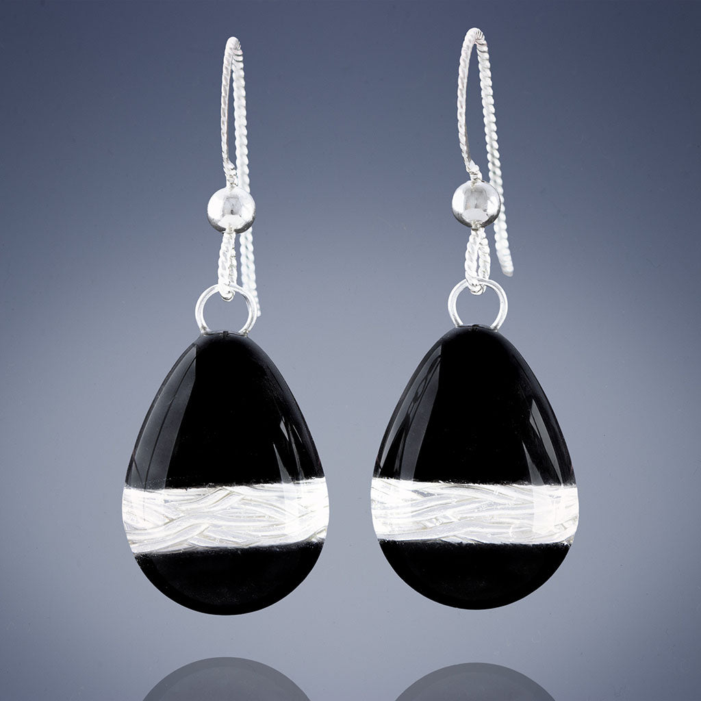 Handwoven Silver and Black Enamel Teardrop Dangle Earrings - Artisan Made