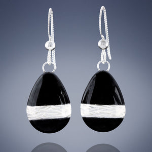 Handwoven Silver and Black Enamel Teardrop Dangle Earrings