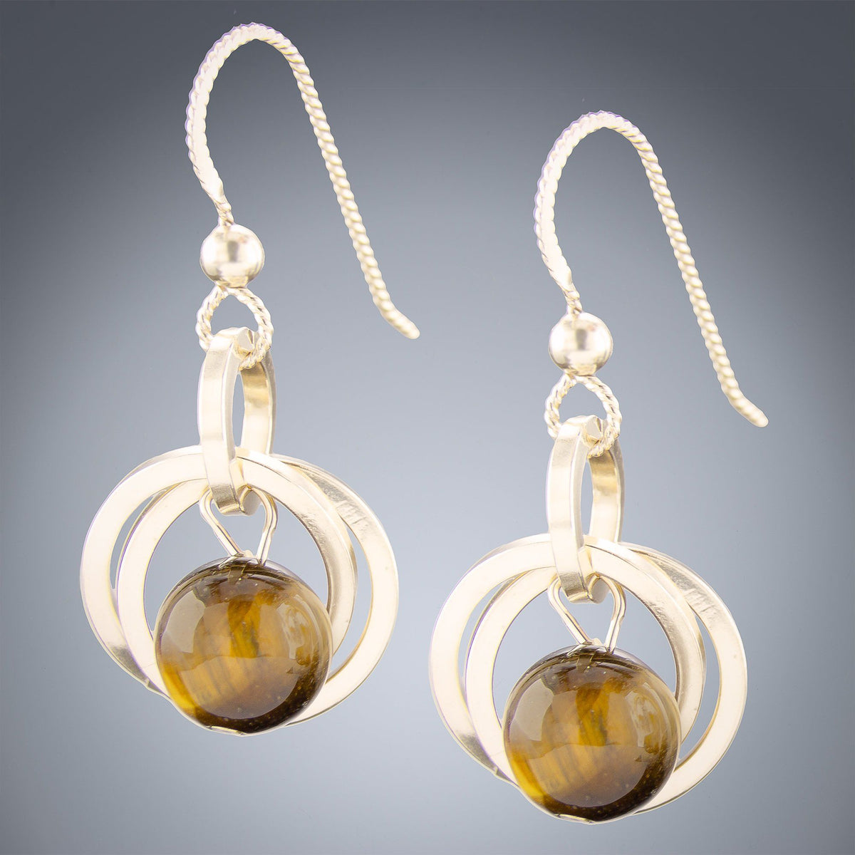 Handcrafted 8MM Tiger Eye Earrings in 14K Yellow Gold Fill