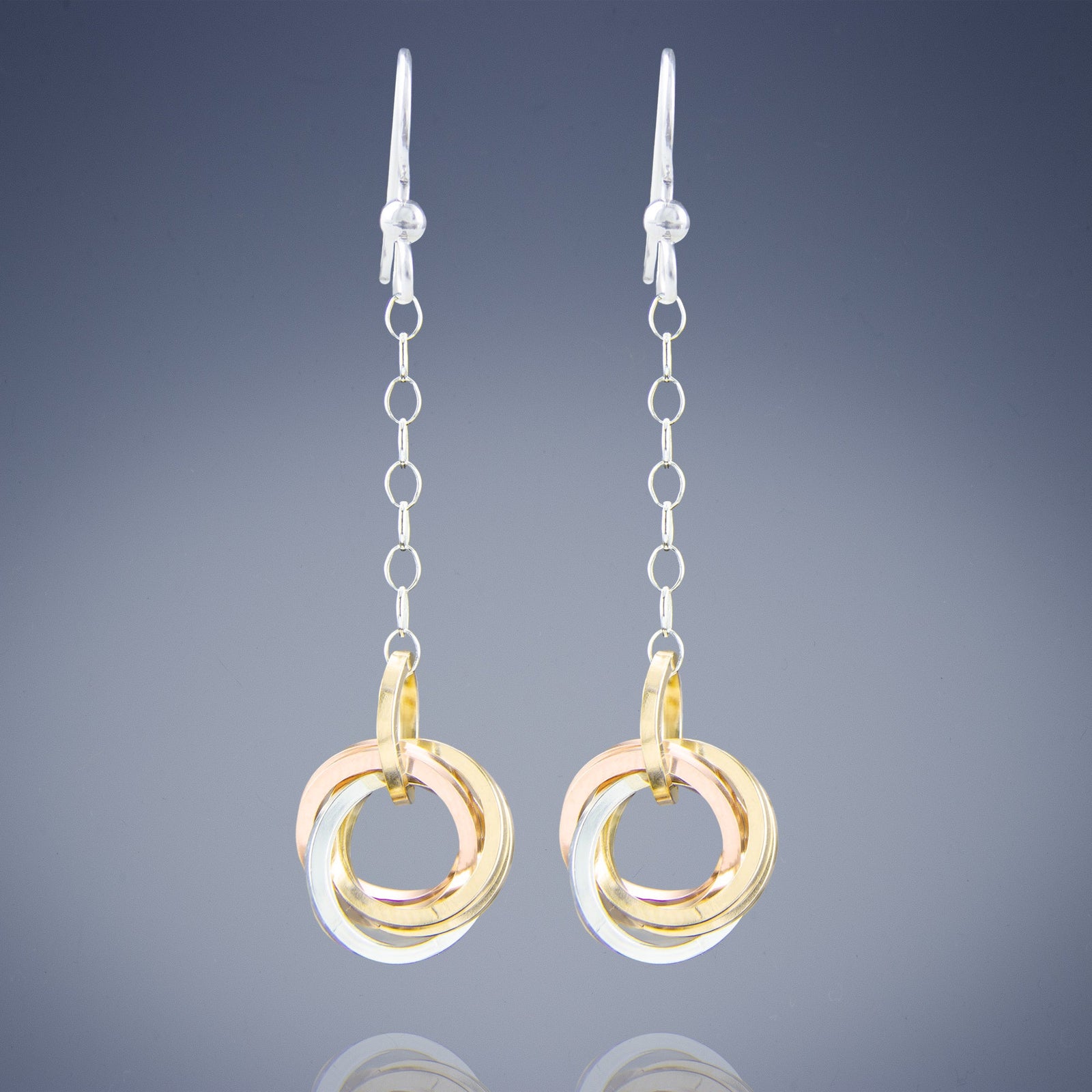2 Inch Tri Color Love Knot Earrings in Silver and 14K Yellow & Rose Gold Fill