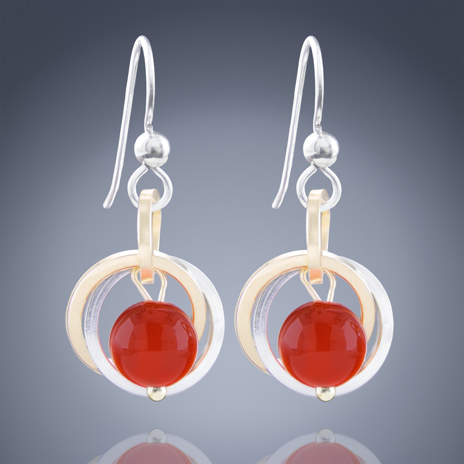 Two Tone Carnelian Dangle Earrings in Argentium Silver & 14K Gold Fill