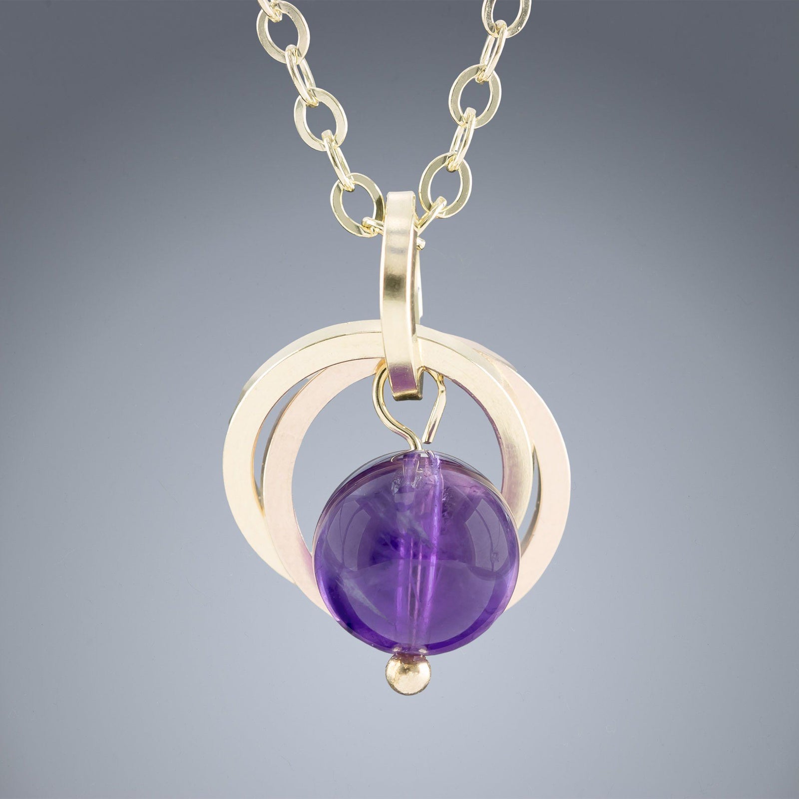 Dark Purple Genuine 8MM Amethyst Gemstone Pendant Necklace in 14K Yellow and Rose Gold Fill