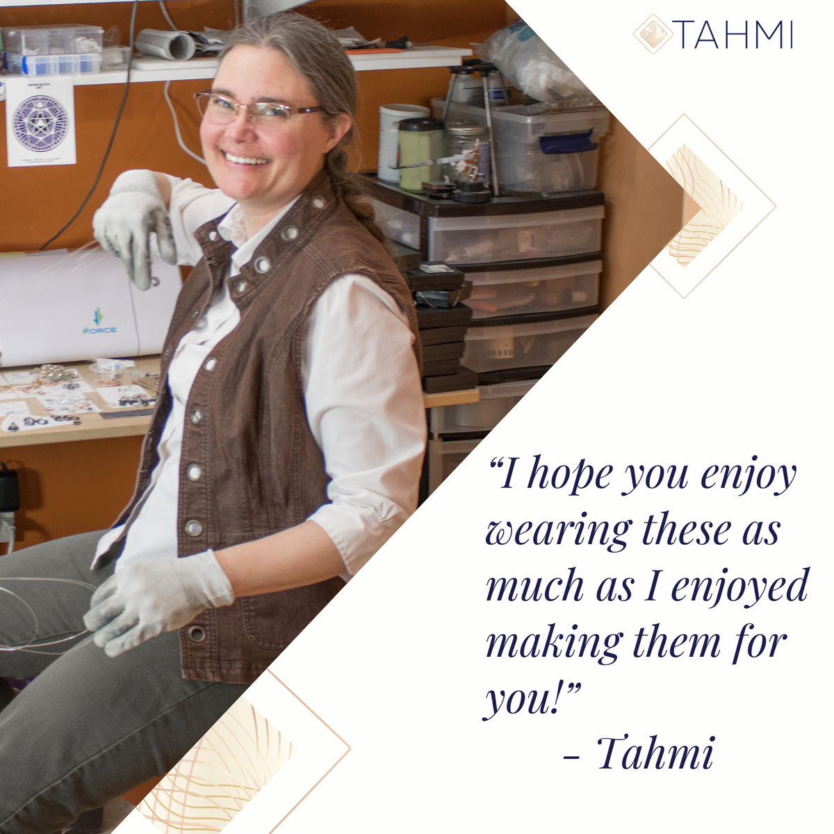 Jewelry artist Tahmi in her Iowa studio