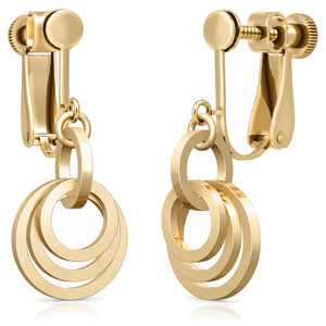 Concentric circle dangle earrings in 14K yellow gold fill on screw-back clip-ons