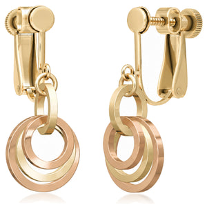 Concentric circle dangle earrings in 14K yellow and rose gold fill on screw-back clip-ons