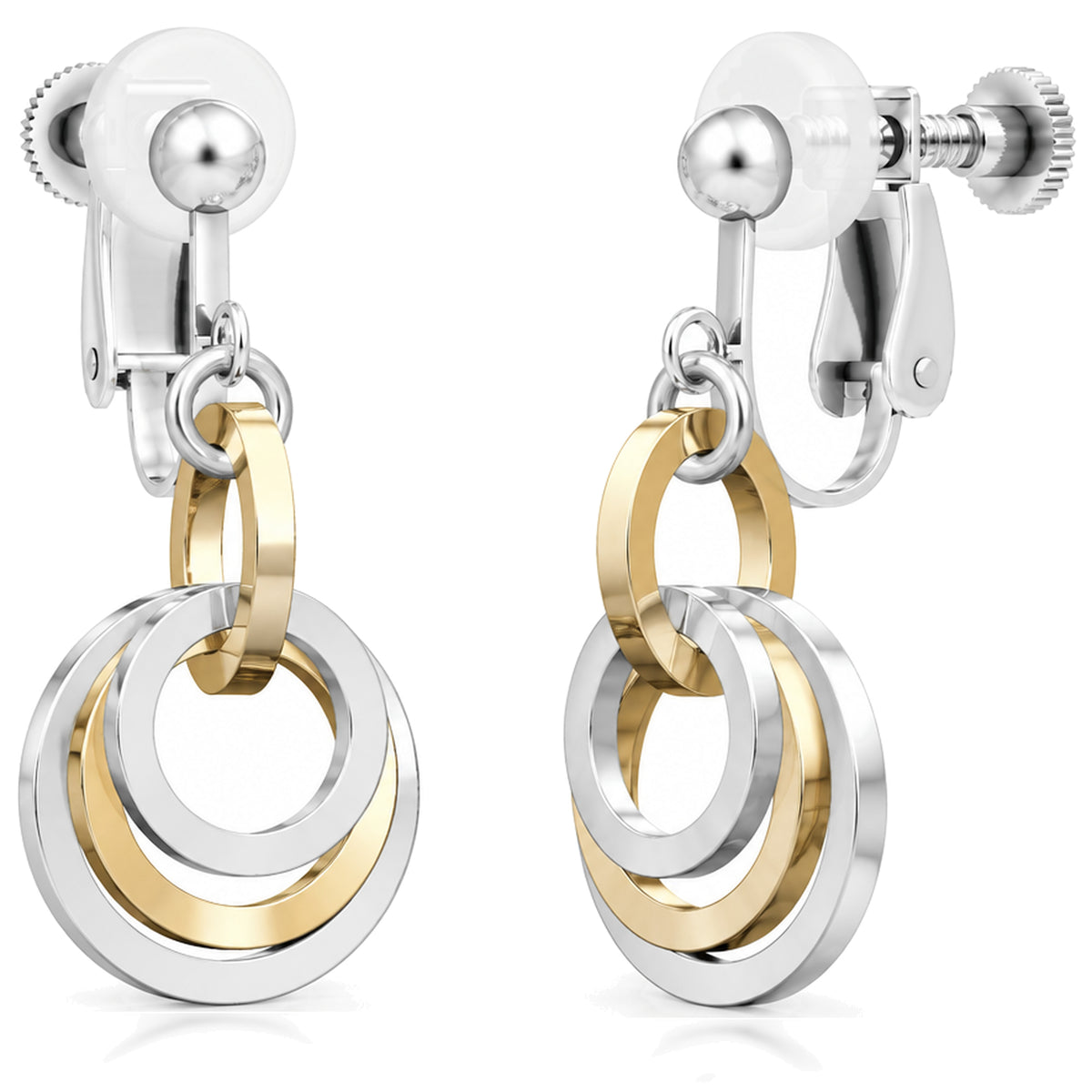 Two-tone concentric circle dangle earrings on screw-back clip-ons: sterling silver rings with 14K yellow gold fill connector and middle ring