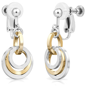Two-tone concentric circle dangle earrings on screw-back clip-ons: sterling silver rings with 14K yellow gold fill connector and middle ring