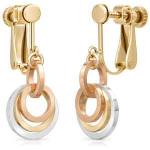 Tri-color concentric circle dangle earrings on screw-back clip-ons: sterling silver outer ring, 14K yellow and rose gold fill inner rings