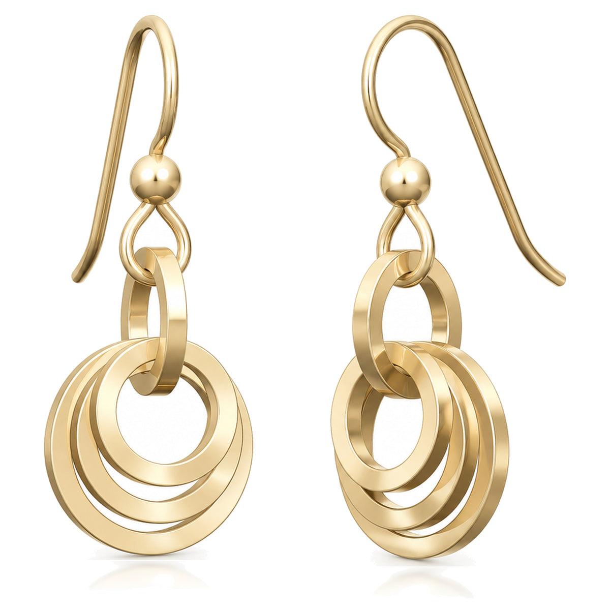 Concentric circle dangle earrings in 14K yellow gold fill on french hook ear wires