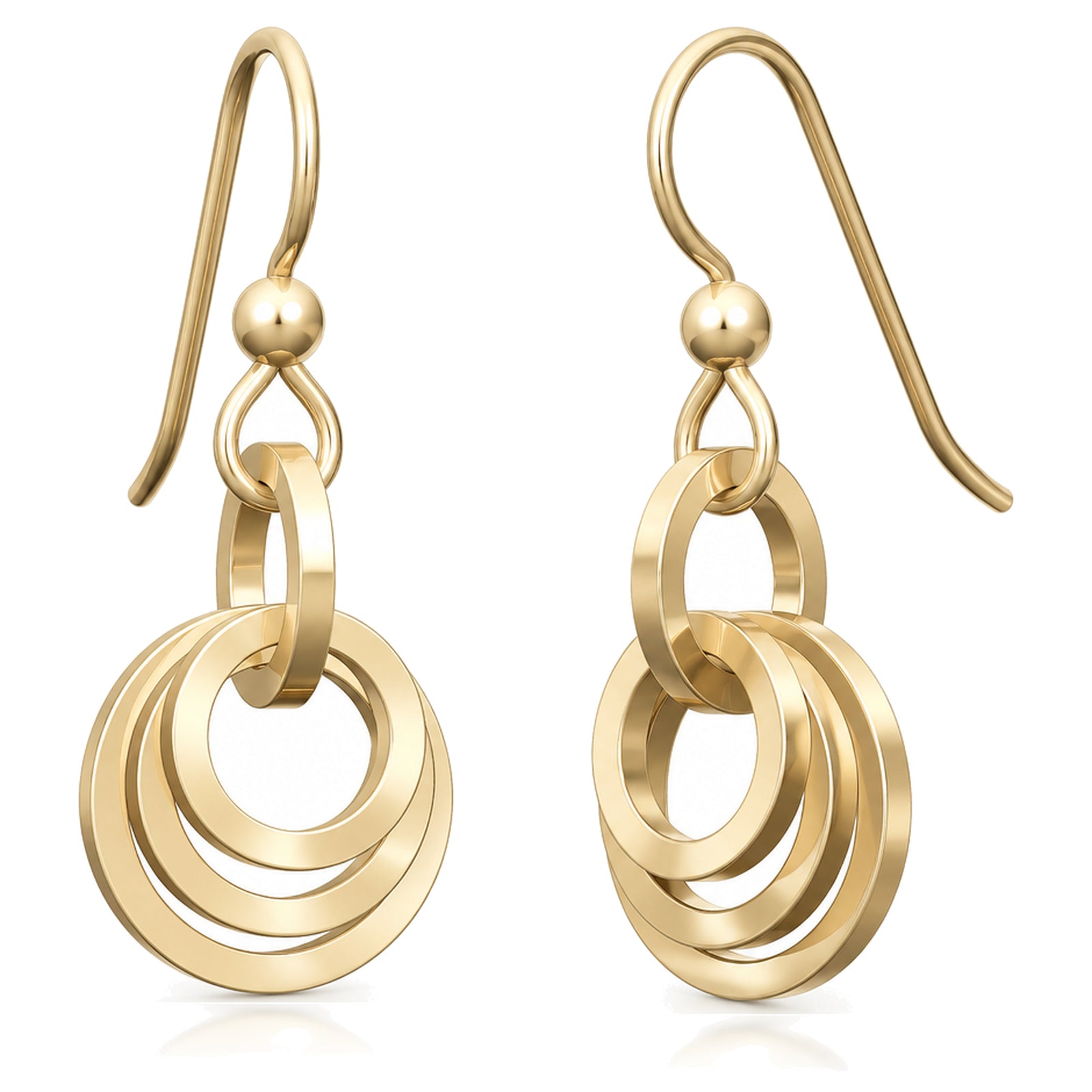 Concentric circle dangle earrings in 14K yellow gold fill on french hook ear wires