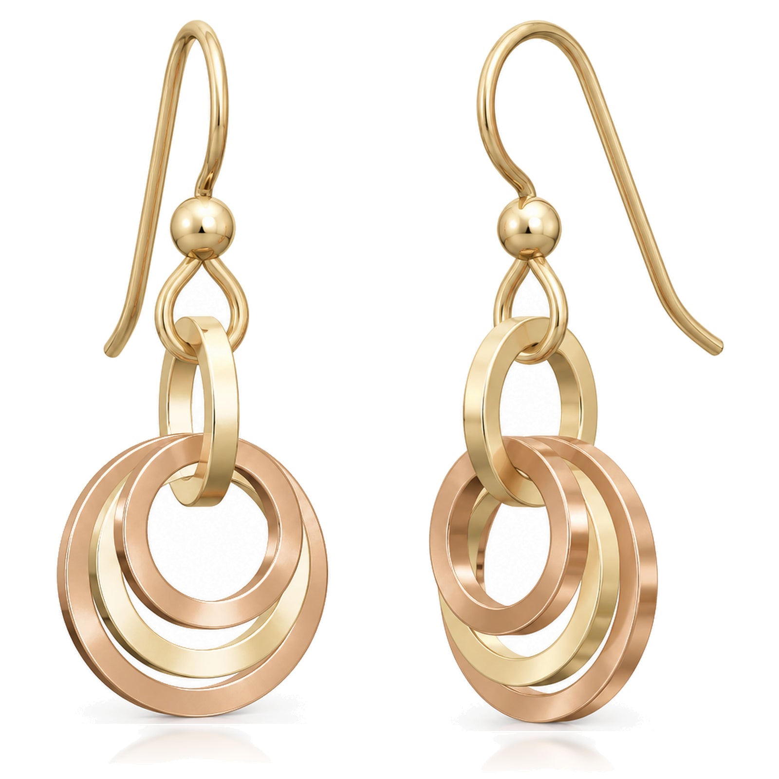 Concentric circle dangle earrings in 14K yellow and rose gold fill on french hook ear wires