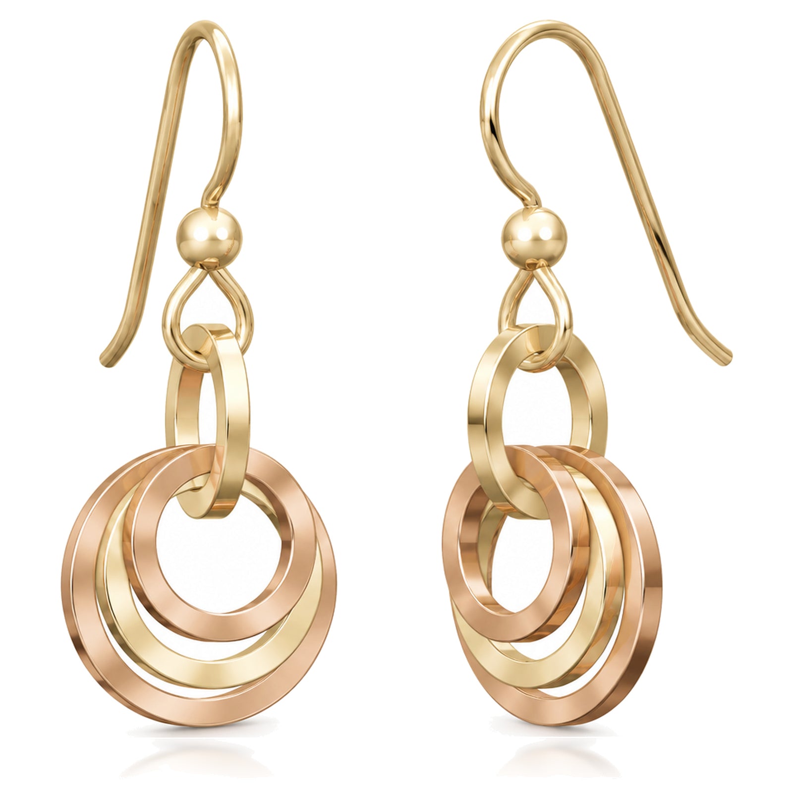 Concentric circle dangle earrings in 14K yellow and rose gold fill on french hook ear wires