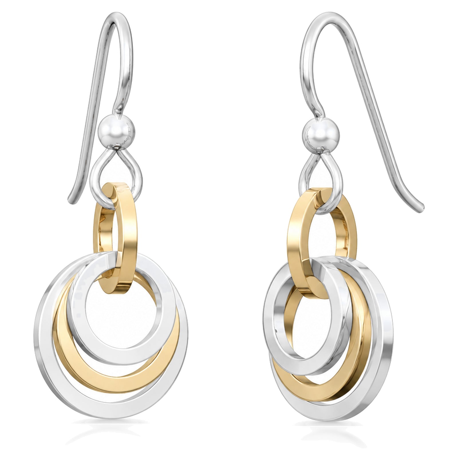 Two-tone concentric circle dangle earrings on french hook ear wires: sterling silver rings with 14K yellow gold fill connector and middle ring